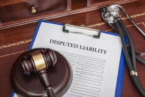 Gavel and disputed liability paperwork during personal injury case review