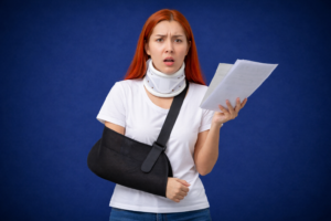 Injured woman holding medical bills and looking confused about personal injury claim costs in Connecticut