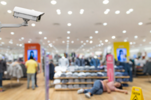 Surveillance camera capturing slip and fall accident in a Bridgeport store