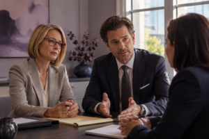 Attorneys and a neutral mediator discussing a Bridgeport personal injury settlement