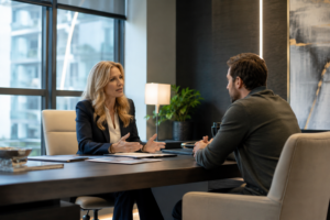 Bridgeport pedestrian accident lawyer meeting with a client who was hit by a car while walking to discuss a Connecticut injury claim