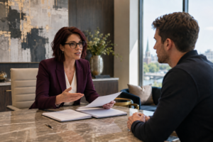 Bridgeport personal injury lawyer reviewing medical records with a client to evaluate pain and suffering damages in a Connecticut injury claim.